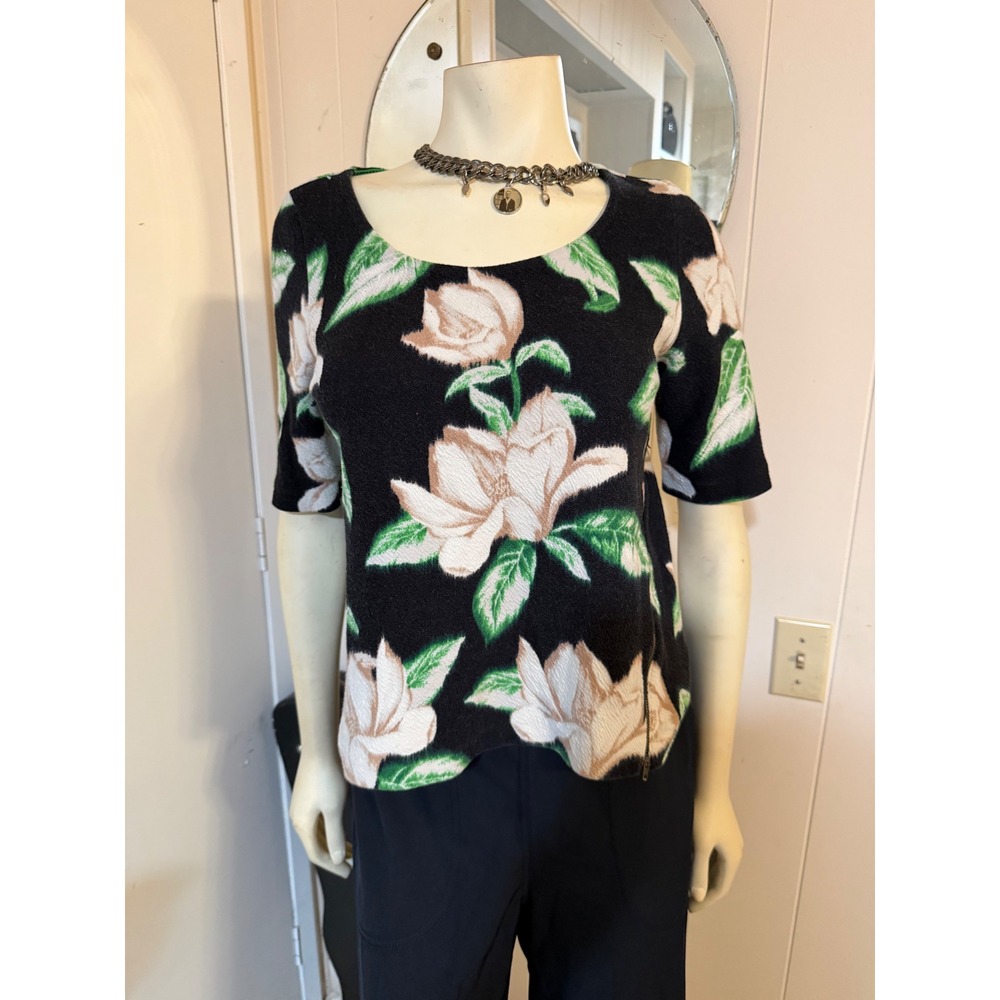 Anthropologie Postmark Floral Side Zip Knit Top Black Green Medium